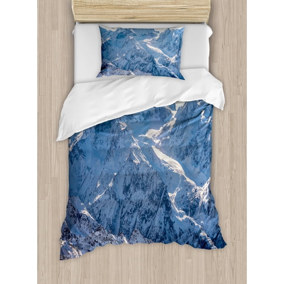 Mountain Duvet Cover Set Twin Size, Snowy Mountain Scene under the Sky Winter Wilderness Untrodden Nature Print, Decorative 2 Piece Bedding Set with 1 Pillow Sham, White and Blue, by Ambesonne