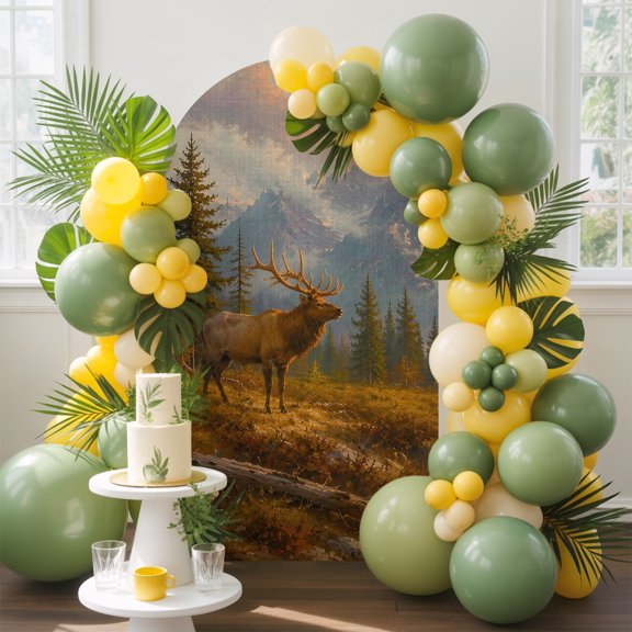 Mountain Elk Arch Backdrop Cover, 4FT, Rustic Country Farmhouse Forest Mountain Landscape Spandex Arch Covers Double-Sided Backdrop for Wedding Birthday Party Photo Background Decoration