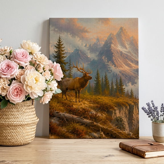 Mountain Elk Canvas Wall Art for Living Room, Rustic Country Farmhouse Forest Mountain Landscape Poster Print Painting for Bedroom Office Home Decoration Wall Pictures Prepare To Hang 16"x24"