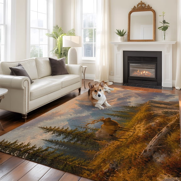 Mountain Elk Large Area Rugs 6x9ft Rustic Country Farmhouse Forest Mountain Landscape Washable Rug, Non Slip Indoor Carpet Absorbent Floor Mat for Living Room Bedroom Dining Room