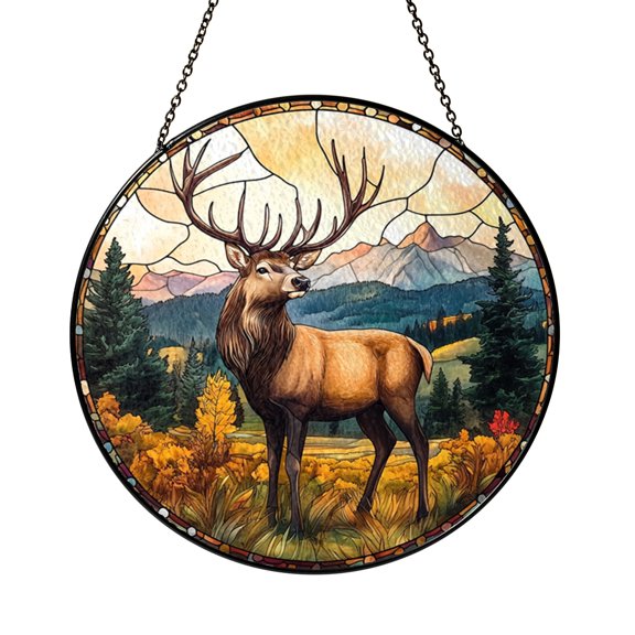 Mountain Elk Stained Glass Style Suncatcher – Round Window Hanging