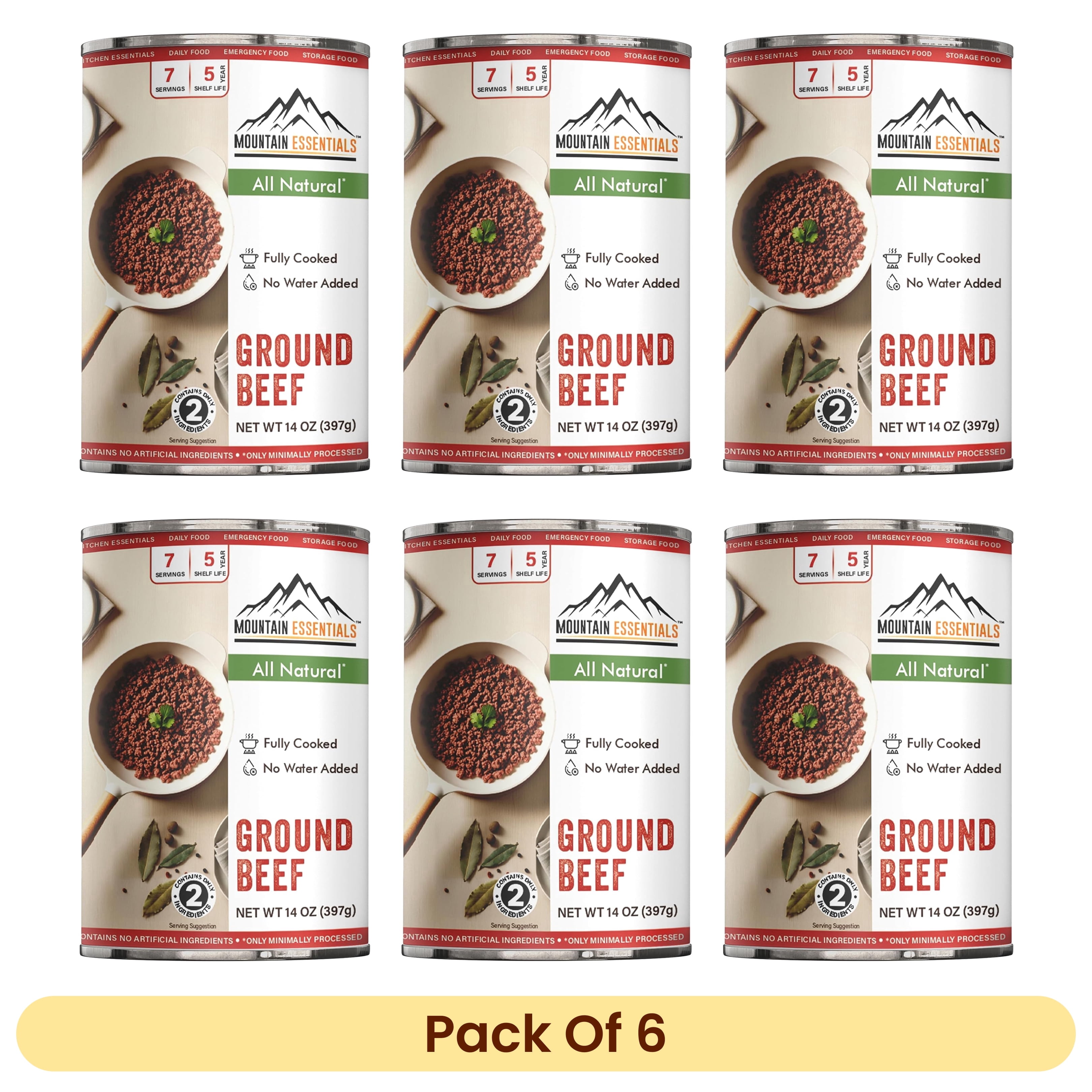 Mountain Essentials Canned Ground Beef, Fully Cooked Ready-to-Eat, 14 oz (Pack of 6), Long Shelf-Life Emergency Food