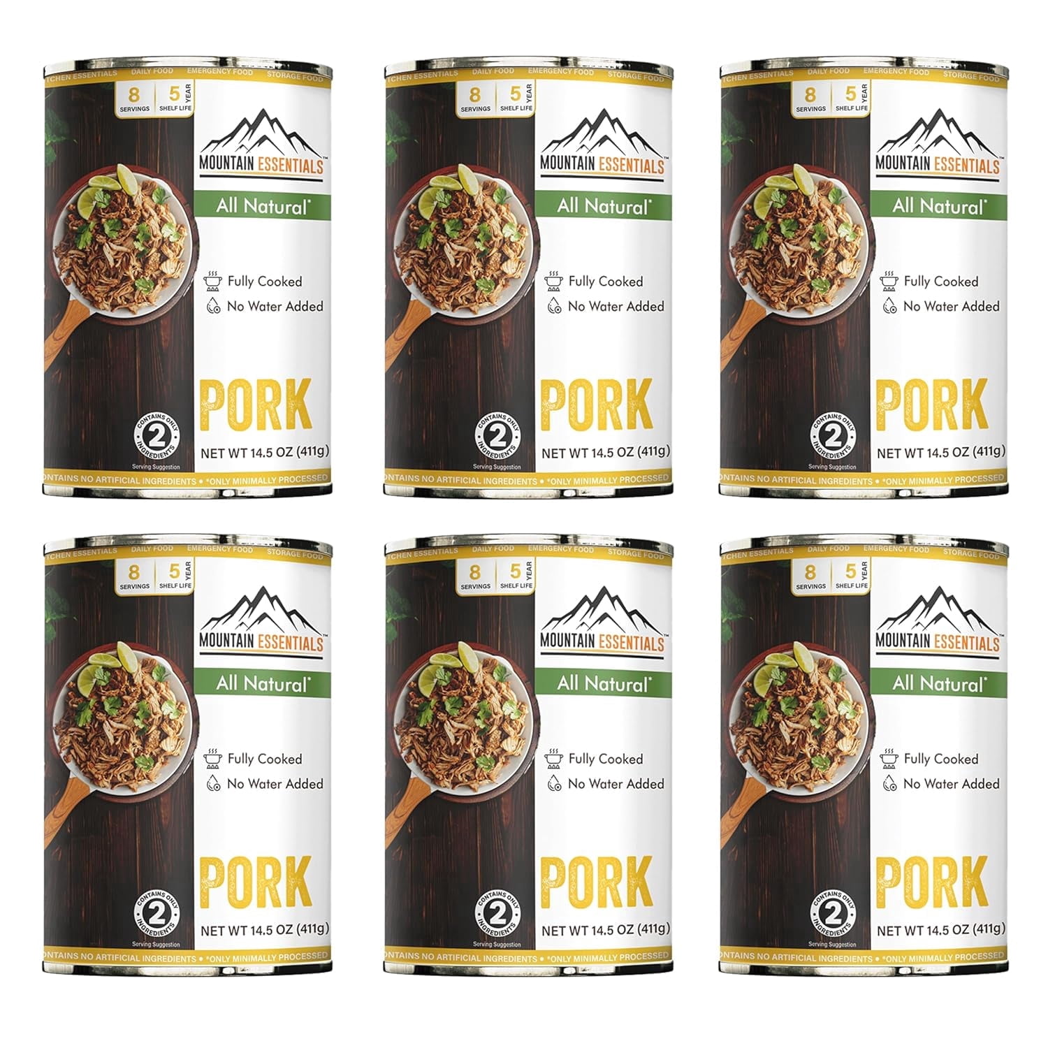 Mountain Essentials Canned Pork 14.5 oz (Pack of 6) – Fully Cooked Ready-to-Eat Pork Meat, Shelf Stable Protein, Gluten Free, No Carbs, Emergency Food Supply, Camping & Pantry Staple, Made in USA