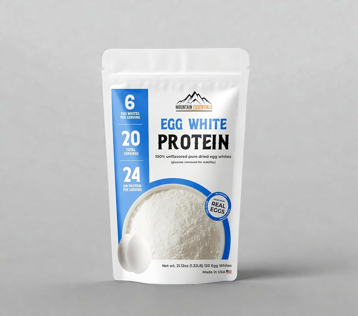 Mountain Essentials Egg White Protein Powder, Unflavored 100% Pure Dried Egg Whites, Gluten Free, 21.12 oz (20 Servings), Made in USA, Ideal for Baking, Cooking, Smoothies & Protein Shakes