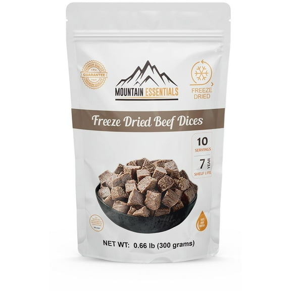 Mountain Essentials Freeze Dried Beef Dices Protein Packed Meal (300g Pouch)| Emergency Long Term Supply | Hiking, Backpacking & Camping | Easy Prep Survival Food ✅