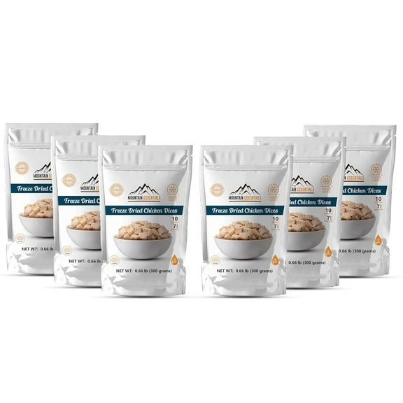 Mountain Essentials Freeze-Dried Chicken Dices, Pack of 6 – Emergency Survival Food for Home, Camping, Hunting, Backpacking – 10 Servings per Pouch