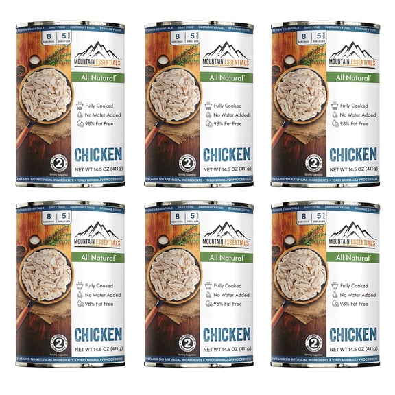 Mountain Essentials Fully Cooked Canned Chicken 14.5 oz (Pack of 6) Ready-to-Eat White Meat, Long Shelf Life Protein, Gluten Free, Emergency Food Supply, Camping & Pantry Staple, Made in USA