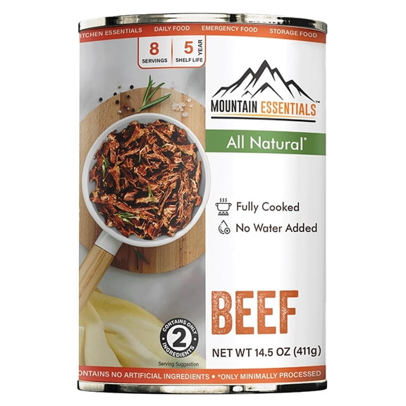 Mountain Essentials All Natural Canned Beef, 14.5 oz Fully Cooked Ready to Eat Beef, Gluten Free, 2 Ingredients (Beef & Sea Salt), 5-Year Shelf Life, Emergency & Pantry Food, Made in USA
