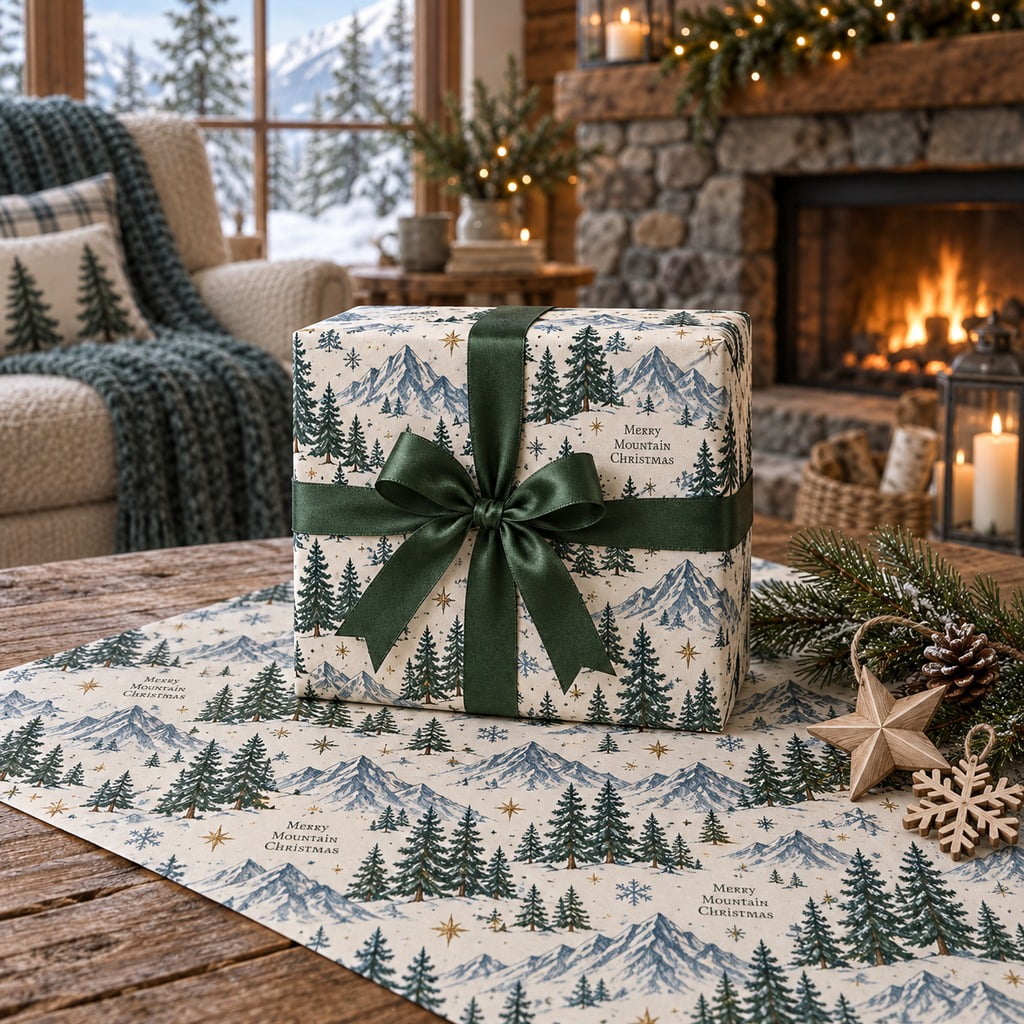Evergreen Essentials Mountain Evergreen Christmas Pattern Wrapping Paper - Walmart.com