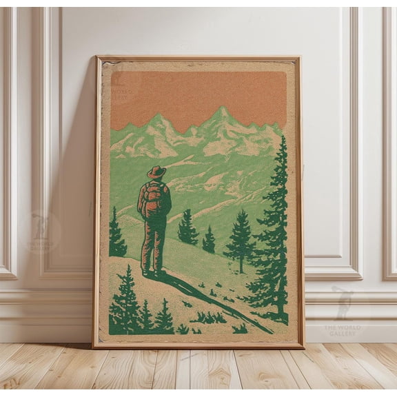 Mountain Explorer Poster Vintage Hiking Art Mid Century Adventure Art, Unframed Poster