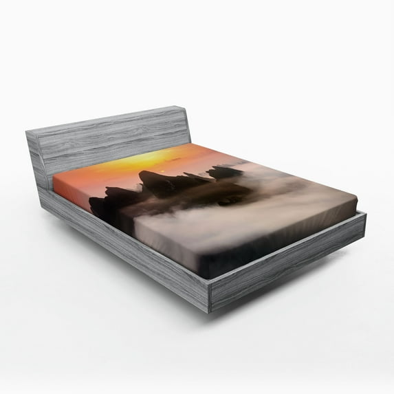 Ambesonne Nature Fitted Sheet, Mist Clouds Mountain, Queen Size, Orange Brown