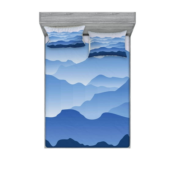 Mountain Fitted Sheet & Pillow Sham Set, Nature Theme a Panoramic Silhouette of the Mountains in the Morning Illustration Print, Decorative Printed 6 Piece Bedding Decor Set, Queen, Blue, by Ambesonne