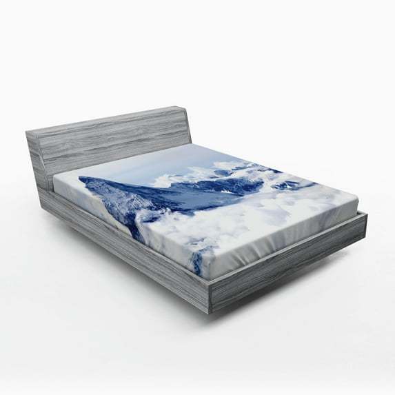 Mountain Fitted Sheet, Scenery of Mountain Summit Dreamlike Scenery Natural Paradise Pattern, Soft Decorative Fabric Bedding, Queen Size, Black and White, by Ambesonne