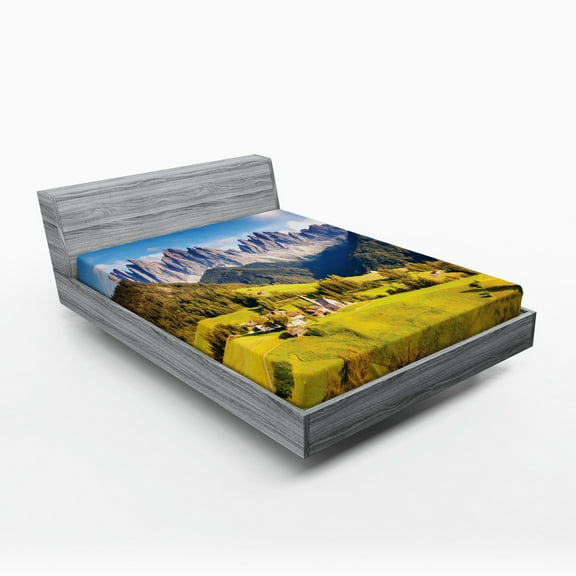 Ambesonne Nature Fitted Sheet, Morning at Countryside, Queen Size, Grey and Green