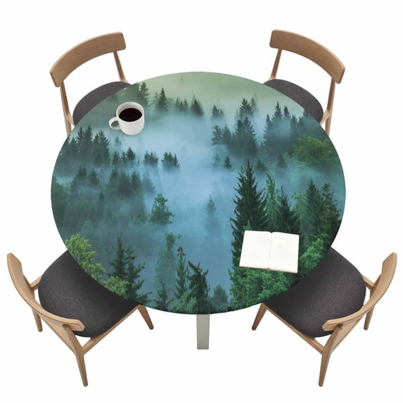 Mountain Fitted Tablecloth with Elastic Edged, Round Table Cloth for Dining Table, Forest Green Trees Modern Art Waterproof Oil Proof Table Cover for Indoor Outdoor 55"-60"
