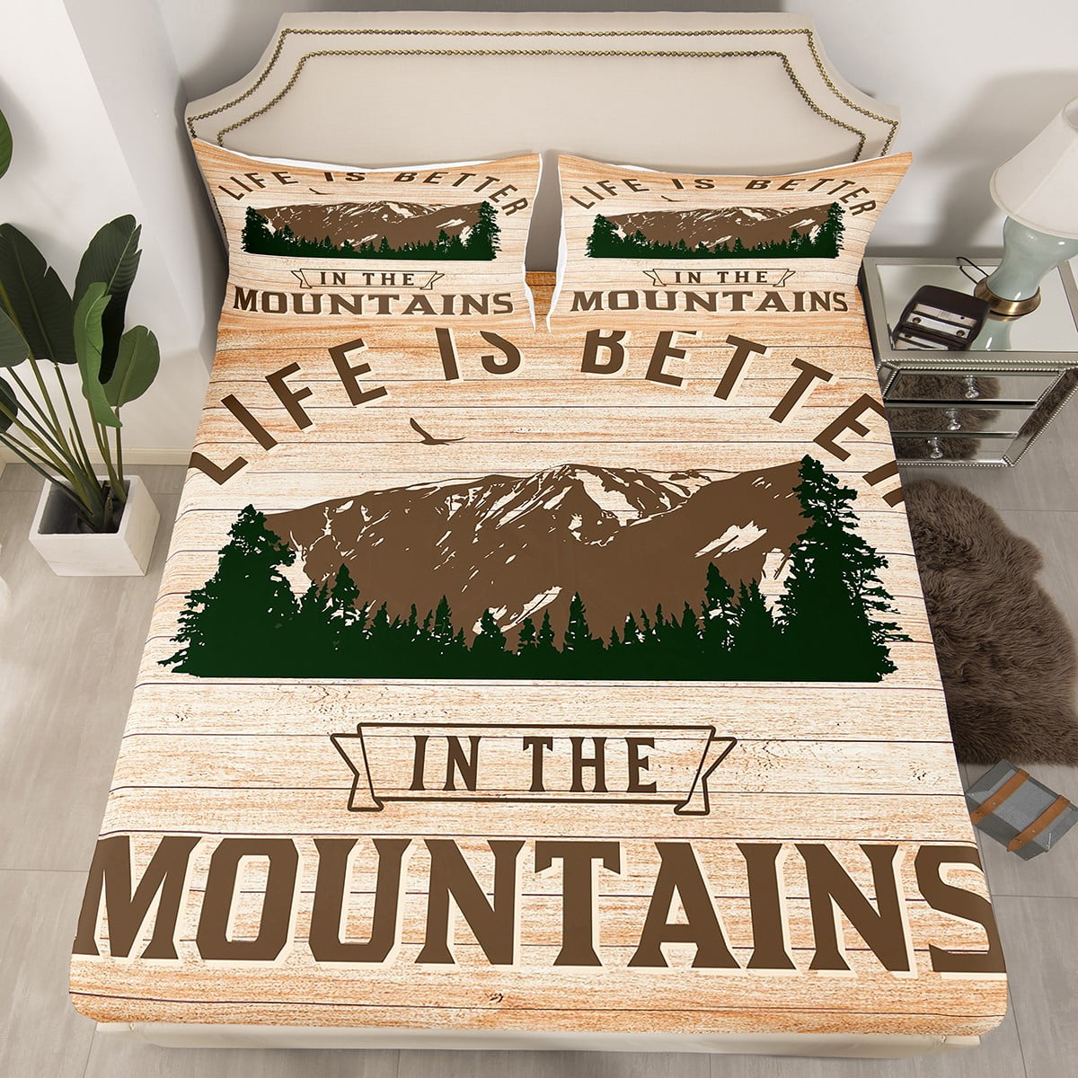 Mountain Fitted Sheet, Camping Decorations for Campers Outside Bedding