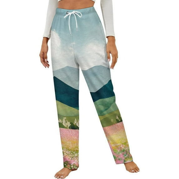 Mountain Floral Landscape Art Winter Female Pants Flannel High Waist Women Pants Lady Warm Straight Leg Plush Trousers