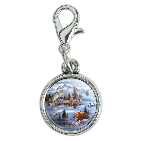 Mountain Fly Fishing Bear Stream Lake Fish Antiqued Bracelet Pendant Zipper Pull Charm with Lobster Clasp