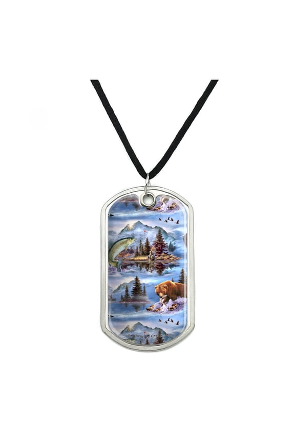 Mountain Fly Fishing Bear Stream Lake Fish Military Dog Tag Pendant Necklace with Cord
