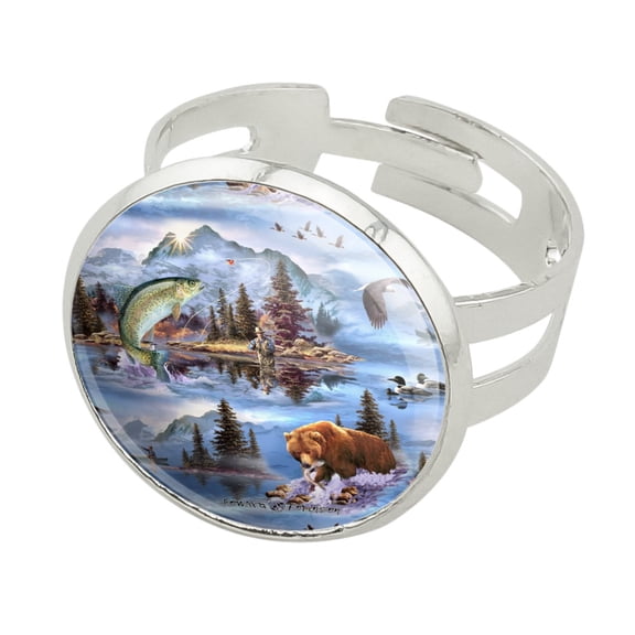 Mountain Fly Fishing Bear Stream Lake Fish Silver Plated Adjustable Novelty Ring