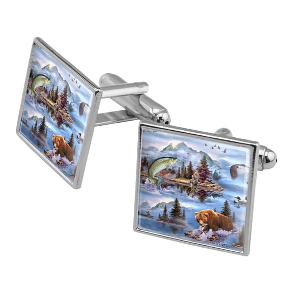Mountain Fly Fishing Bear Stream Lake Fish Square Cufflink Set - Silver or Gold