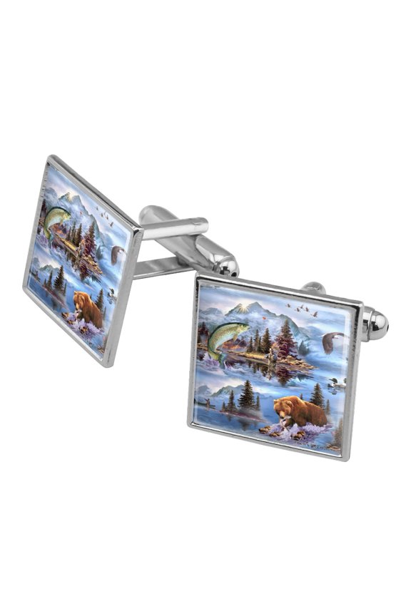 Mountain Fly Fishing Bear Stream Lake Fish Square Cufflink Set - Silver or Gold