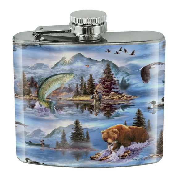 Mountain Fly Fishing Bear Stream Lake Fish Stainless Steel 5oz Hip Drink Kidney Flask