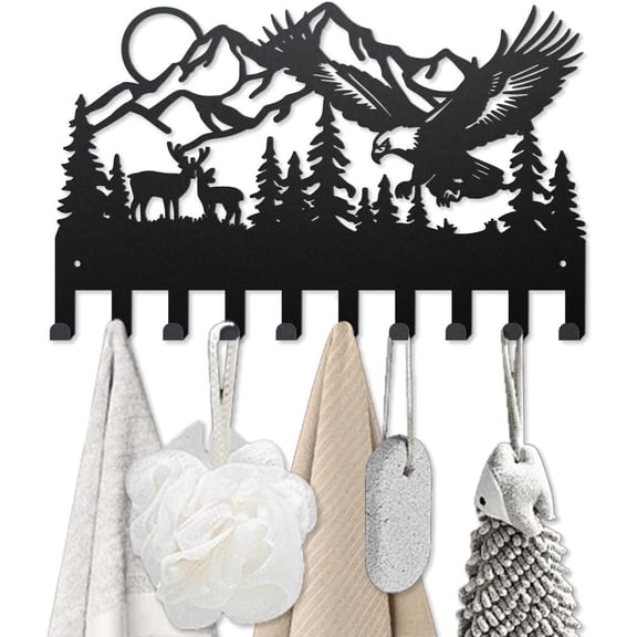 Mountain Forest Animal Metal Coat Racks Wall Mounted Deer Bird Coat Hooks 15.79.8inch 10 Hooks Nature Scenery Key Holder Wall Art Decor Gift Black Key Hooks for Coats Hats Towels Bags