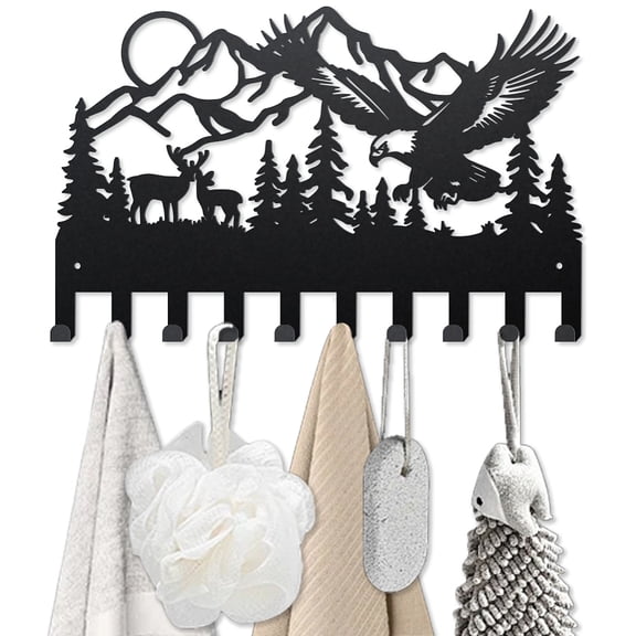 Mountain Forest Animal Metal Coat Racks Wall Mounted Deer Bird Coat Hooks 15.79.8inch 10 Hooks Nature Scenery Key Holder Wall Art Decor Gift Black