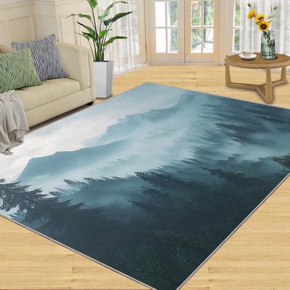 Mountain Forest Area Rug, Jungle Woodland Washable Rug, Non Slip Low Pile Carpet for Living Room Bedroom Home Decor 2x3ft