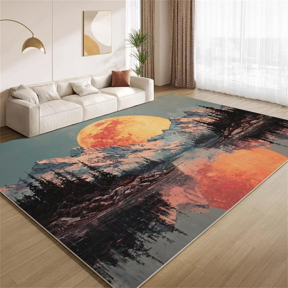 Mountain Forest Area Rugs, Sunset Wilderness Landscape Pattern Carpet, Washable Non Slip Low Pile Soft Rug for Living Room Bedroom Decor Mat 2x3ft