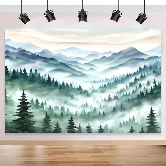 Mountain Forest Backdrop Misty Nature Green Tree Landscape Photography Background Watercolor Landscape Decorations Banner for Bedroom Living Room