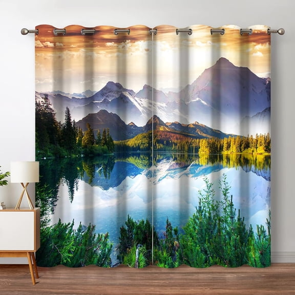Mountain Forest Blackout Curtains Lake Sky Sunshine Wild Nature Scenic Scenery Landscape Decor for Bedroom Living Room Grommet Window Drapes 2 Panel Set, 42"x63"