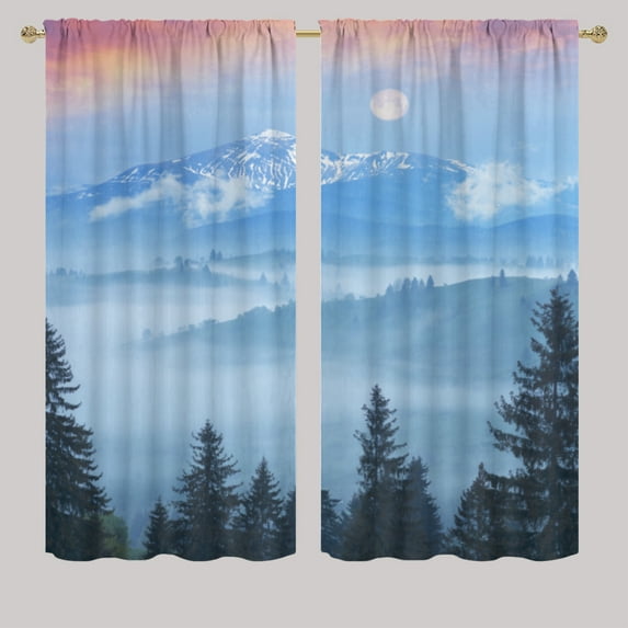 Mountain Forest Blackout Curtains Nature Pine Forest Fantasy Morning Mist Print Curtains for Living Room Room Darkening Bedroom Curtains with Grommet W55 x L63 Inch