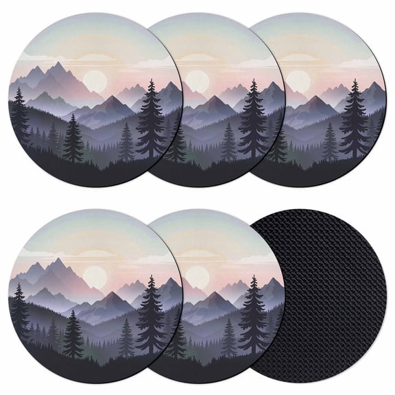 Mountain Forest Coasters Set of 6, Absorbent Coasters for Drinks, Farmhouse Cabin Nature Sunrise Landscape Coaster for Desk Coffee Table Protection, Home Decor House Warming Gifts 4"