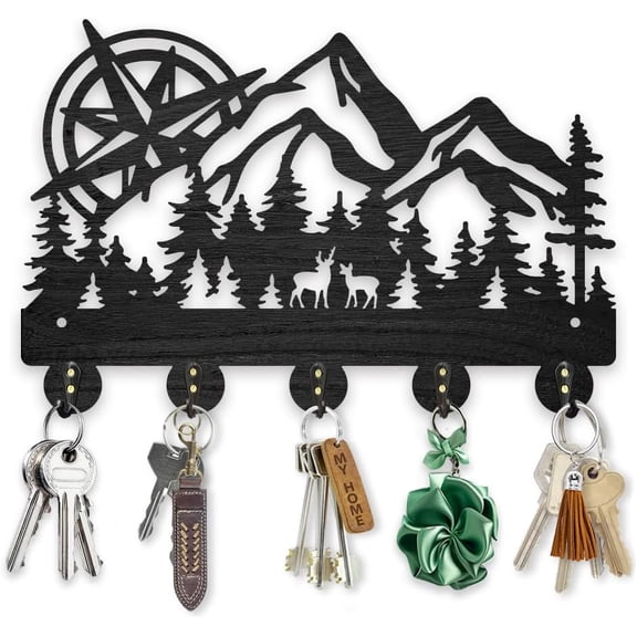 Mountain Forest Compass Key Hook 11.87.8 inch Tree Animal Wooden Coat Racks Wall Mounted Nature Key Holder 5 Alloy Hooks Home Decor Gifts Entryway Kitchen Bathroom Organizer diy