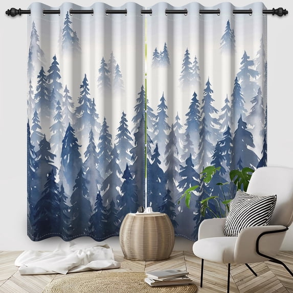 Mountain Forest Curtains,Blue Blackout Window Drapes for Bedroom Living Room 2 Panel Sets,52x96 Inch