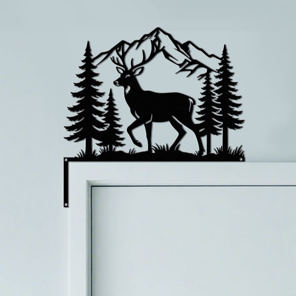 Mountain Forest Deer Door Topper Sign Wall Art Decor 9.8"x9.8" Double-sided Metal Unique Hanging Above Door Frame Corner Accent