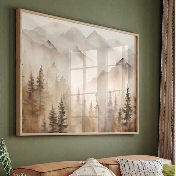 Mountain Forest Foggy Landscape Misty Large Nature Autumn Pine Trees Wall Art, Unframed Poster