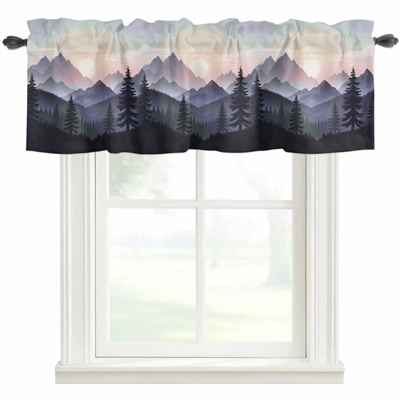 Mountain Forest Kitchen Valances for Windows, Farmhouse Cabin Nature Sunrise Landscape Bathroom Window Valances 42x12 Inch Rod Pocket Window Treatments Valance Curtains for Living Room Bedroom Decor