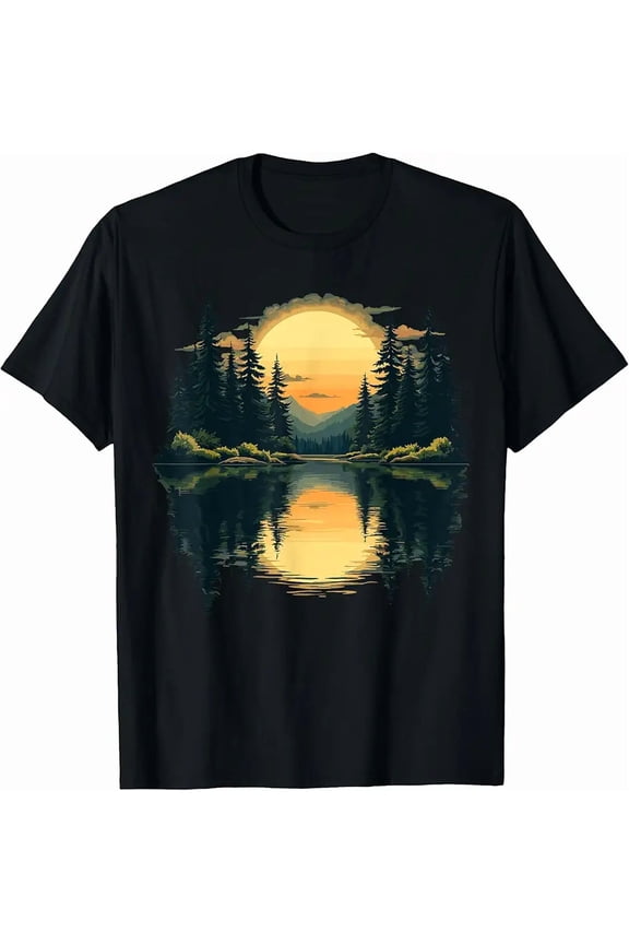Mountain Forest Lake Reflection Unisex Short Sleeve Graphic T-Shirt
