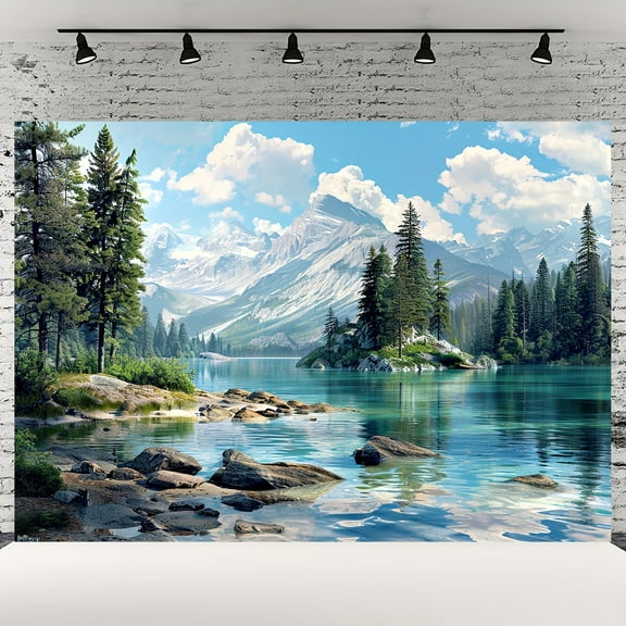 Mountain Forest Lake Scenery Polyester Banner, Multipurpose Photography Background for General Use,Holiday Decor  Background