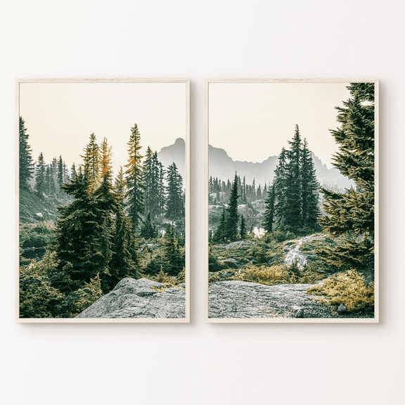 Mountain Forest Landscape Nature Poster Set 2 Prints Set 2 , Stretched Canvas