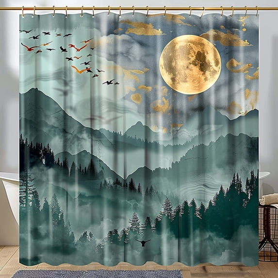 Mountain Forest Landscape Shower Curtain Vintage Boho Style Bathroom Decor Pulmonary Chlocker Moon Print Wide Angle Shot Professional Photograph