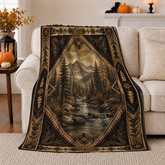 Mountain Forest Lodge Cabin Scene Autumn Wilderness Tranquil, Peaceful Mountain Lake Scene, Warm Flannel Blanket for Cabin and Lodge, Outdoor Lovers Thanksgiving Gift, Artistic Home Decor