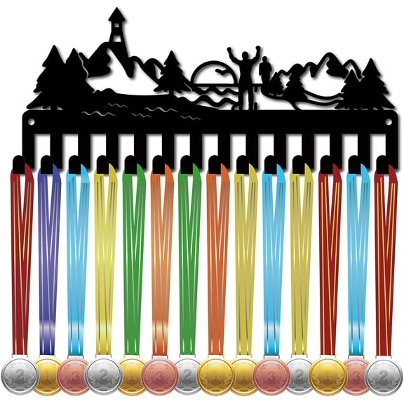 Mountain Forest Medal Holder Running Medal Hanger Display Rack Sports Hanging Athlete Awards Iron Small Wall Mount Decor with 14 Hooks for Wall Home Badge Race Medalist Black 11.4x4.9Inch DIY