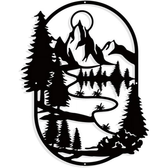 Mountain Forest Ocean Metal Wall Art Decor Matte Black Wall Hanging Decor Silhouette Wall Art for Home Garden Hotel Office Wall Christmas 9.1311.8"