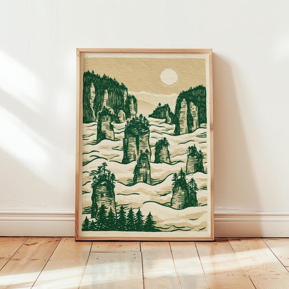 Mountain Forest Poster Green Landscape Print Paper Wall Art 1