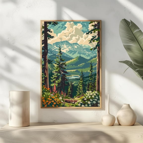 Mountain Forest Poster Nature Landscape Wall Art Rustic Cabin Decor Wilderness Poster, Poster Only