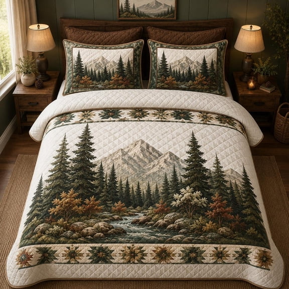 Mountain Forest Quilted Bedding Set, Pine Tree Quilt, Rustic Cabin Bedspread, Woodland Nature Bedding, Lodge Bedroom Decor, Outdoor Lover
